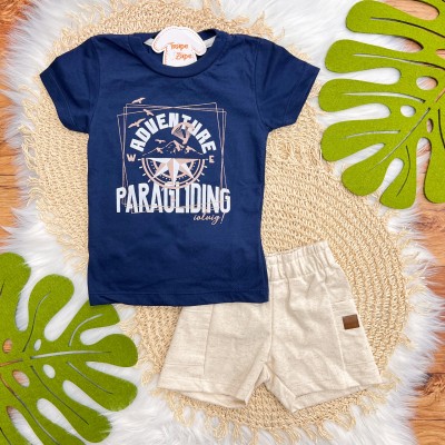 Conj. Camiseta Adventure Paragliding e Bermuda em Linho - Marinho e Areia